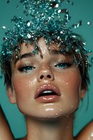 Close-up beauty portrait of young woman with glowing skin, freckles and turquoise glitter in hair against teal background, expressing freshness and glamour.