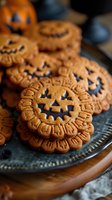 Orange pumpkin-shaped cookies with carved jack-o-lantern faces arranged on dark plate, festive Halloween treats for seasonal baking and party desserts.