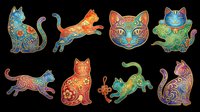 Colorful decorative cats with ornate patterns, isolated on transparent background. Ready for t-shirt design, clipart, stickers, sublimation, print-on-demand products and digital crafts.