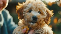 Adorable golden Labradoodle puppy with fluffy fur and expressive eyes being held outdoors during golden hour with natural bokeh background lighting effects.