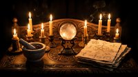 Mystical altar setup with lit candles surrounding a glowing crystal ball, ancient grimoire, mortar and pestle on ornate table for occult rituals and spiritual practices.