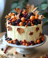 Autumn cake decorated with fresh blackberries, sea buckthorn berries, cranberries and maple leaves on cream cheese frosting, served on white cake stand.