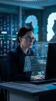 Female cybersecurity analyst working with holographic data displays in futuristic command center for technology and digital security concepts.