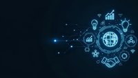 Global business network with digital icons and connecting lines on dark blue background for corporate presentations and technology concepts.