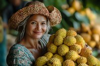 Mature woman with gray hair wearing straw hat holding fresh durian fruits at tropical market. Natural food shopping experience in Southeast Asia.