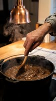 Hand stirring rich braised meat stew in cast iron Dutch oven with wooden spoon, steam rising under warm copper lamp in cozy kitchen.