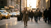 Young woman of mixed ethnicity wearing olive green coat walking on urban street during golden hour with pedestrians and yellow taxis in background, commuting through busy city downtown area.