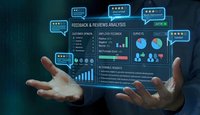 Business professional analyzing customer feedback data with holographic interface displaying charts, ratings and review analytics for digital marketing strategy.