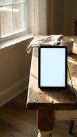 Digital tablet with blank white screen on rustic wooden table near window with natural sunlight and coffee cup for morning productivity and workspace mockup.
