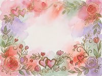 Watercolor floral frame with roses, hearts, and botanical elements in pink, purple, and green tones on white background. Isolated design.