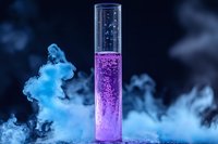 Glowing purple liquid in glass test tube with rising bubbles surrounded by ethereal blue smoke creates mystical laboratory atmosphere. Scientific concept.