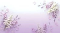 Lavender and white lilac flowers arranged on soft purple background with scattered petals creating romantic spring botanical composition for wedding invitations.