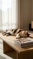 Tabby and white cat lounging on wooden table with magazines in modern living room with natural light from window and neutral decor.