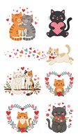 Cute cats in love with hearts and floral elements, isolated clipart collection for Valentine's Day designs, greeting cards, and t-shirt prints on white background.