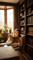 Young woman reading book in cozy home library with wooden shelves and warm natural light from window creating peaceful study atmosphere.