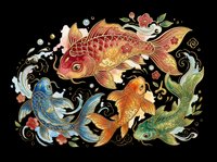 Three ornate koi fish with gold details, floral accents, and swirling water elements, isolated on transparent background. Great for t-shirts, stickers, and print on demand.