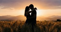 Romantic couple silhouette embracing in golden wheat field at sunset with mountains in background. Love, romance, and intimate moments in nature.