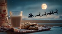 Warm milk and cookies by window with Santa's sleigh silhouette flying across full moon in night sky, creating magical Christmas atmosphere.
