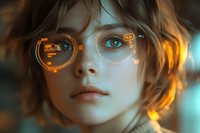 Young woman with futuristic holographic interface glasses displaying digital data and metrics, illuminated by warm golden and cool cyan lighting effects.