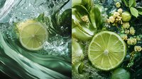Fresh lime slices in water with green leaves, creating refreshing splash and bubbles for summer drink or cocktail concept.