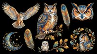 Owl collection featuring various species in flight and perched poses, isolated on transparent background. Ready for t-shirt design, clipart, stickers, sublimation, and print-on-demand projects.