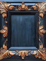 Ornate vintage frame painted black with copper accents featuring baroque floral and scroll designs. Empty center creates dramatic presentation for artwork or photos.