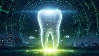 Futuristic digital tooth hologram with glowing neural networks and data streams for dental technology and healthcare innovation concepts.