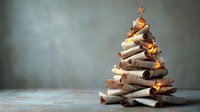Rustic Christmas tree made from rolled newspaper pages with warm LED lights creating cozy holiday atmosphere on wooden surface against gray background.