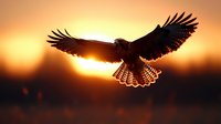 Majestic hawk silhouette with spread wings soaring against dramatic orange sunset sky, backlit by glowing sun creating ethereal atmosphere in nature.