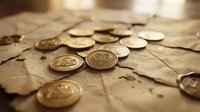 Scattered metallic coins rest on aged, weathered paper with vintage texture, representing wealth, savings, and financial planning for business and investment concepts.