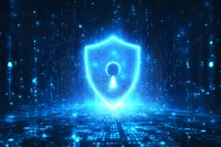 Glowing blue shield with keyhole on digital matrix background with binary code rain effect, representing cybersecurity and data protection concept.