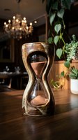 Wooden hourglass with sand on table in cozy interior with plants and chandelier creating warm atmospheric home decor for time management concepts.