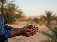 Farmer holding harvested dates in palm against desert oasis landscape with palm trees, agricultural produce and rural farming concept.