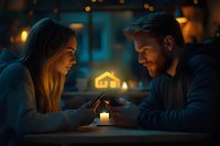 Young couple using smartphones at candlelit table during romantic evening, soft warm lighting creates intimate atmosphere for modern dating scene.