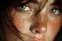 Close-up portrait of young Caucasian woman with freckles and green eyes. Natural beauty concept with warm lighting highlighting facial features and skin texture.