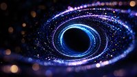 Glowing spiral of blue light particles and bokeh effects swirling around dark center creating cosmic vortex pattern against black background. Suitable for space themes.