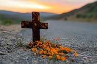 Rustic metal cross on gravel ground with scattered orange flower petals at sunset, mountains silhouette in background creates spiritual atmosphere.