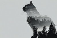 Double exposure silhouette of cat with misty forest landscape inside, creating dreamy monochrome nature art with pine trees and fog.