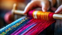 Vibrant woven textile threads in pink, orange and blue colors on traditional loom. Close-up view of handcraft weaving process showing colorful yarn details and wooden shuttle.