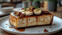 Decadent cheesecake slice topped with caramel sauce, fresh banana slices, chopped pecans and chocolate shavings served on white plate, close up view of dessert.