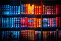 Colorful vintage books arranged on wooden shelves in rainbow order from cool blue to warm orange and red tones, creating dramatic lighting effect in dark library.