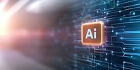 Glowing orange AI symbol on digital circuit background with light effects and binary data streams. Modern technology concept for artificial intelligence applications.