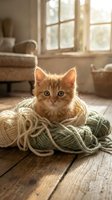 Adorable ginger kitten playing with balls of cream and sage yarn on wooden floor in sunlit living room with cozy furniture and windows.