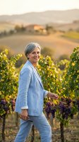 Mature Caucasian businesswoman in light blue linen suit walking through vineyard at sunset, smiling confidently among grapevines in rolling countryside landscape.