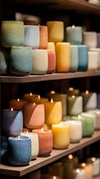 Colorful ceramic candles arranged on wooden shelves, some lit with warm glowing flames. Perfect for home decor, spa settings, or gift shops.