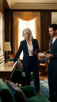 Professional mature Caucasian businesswoman and male colleague discussing documents in luxury hotel suite with elegant wood paneling and golden curtains.