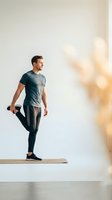 Athletic Caucasian man in sportswear stretching leg on yoga mat in bright studio with warm sunlight for fitness and wellness routines.