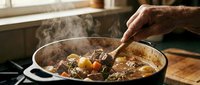 Hand stirring hearty beef stew with vegetables in cast iron pot on stovetop. Steam rises from bubbling homemade comfort food. Perfect for cooking and recipe content.