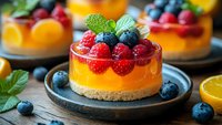 No-bake orange cheesecake topped with fresh raspberries and blueberries on cookie crust base, garnished with mint leaves, served on rustic wooden table.