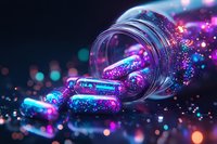 Glowing pills spilling from glass jar with magical sparkles and bokeh effects in neon purple and blue colors against dark background, creating mystical medicinal concept.